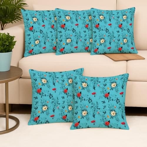 STITCHNEST Printed Polycotton Cushion Covers 16x16 Inches – Set of 5 Decorative Throw Pillow Covers for Sofa, Couch, Bed, Living Room