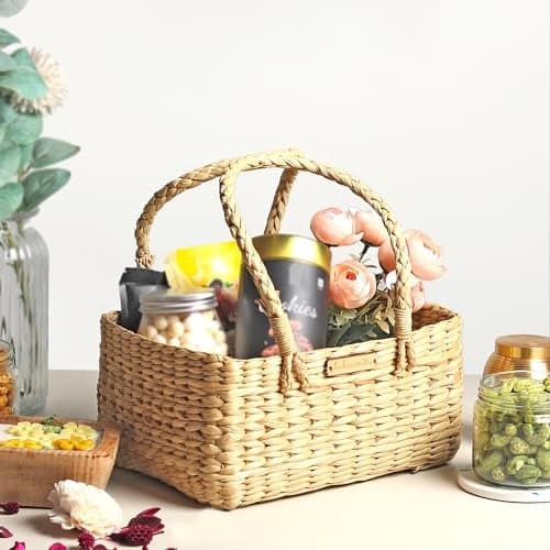 Habere India-All the Cultures Fabricating India Gift Hamper Baskets | Decorative Storage Baskets | Fruit Basket | Cane Shelf Basket | Desk Organiser (Design 23 : L29xB26xH13 cm)