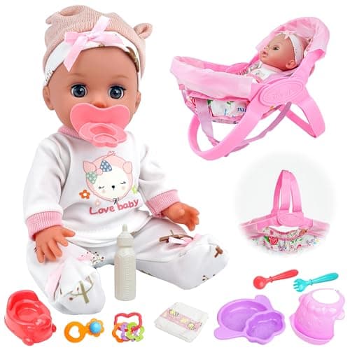 SMILESSKIDDO 14 Baby Doll with Washable Dolls Accessories Lifelike Soft Babydoll Pretend Play Includes Carrier Bassinet Bed Doll Clothes Feeding Set Gift Idea for Girls 1 2 3 Year Old