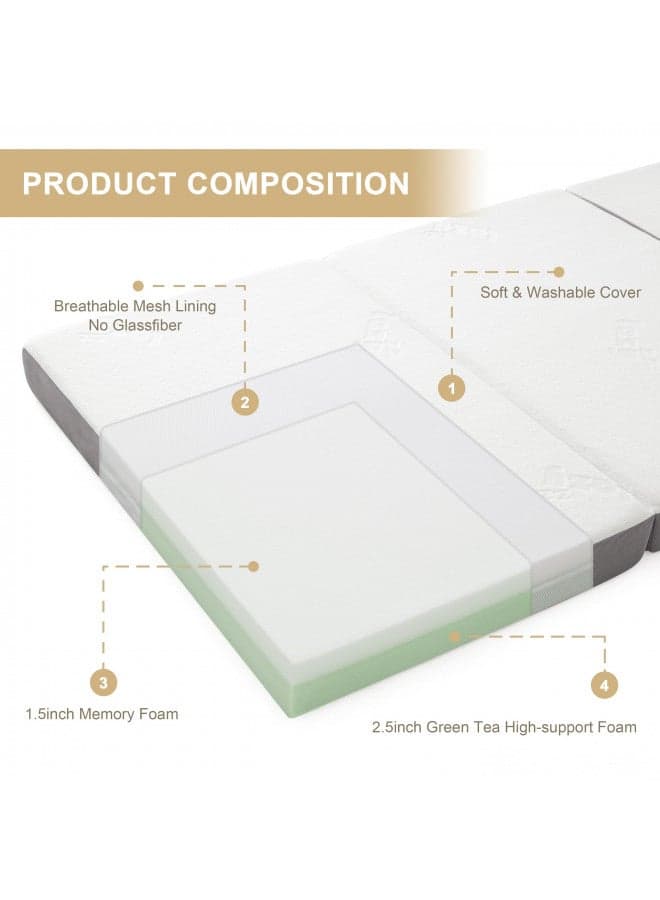 Lazyzizi Folding Mattress, 4 Inch Memory Foam Tri-fold Mattress with Breathable & Washable Bamboo Fiber Fabric Cover, Foldable Floor Mattress Guest Bed for Camping, Road Trip, Queen