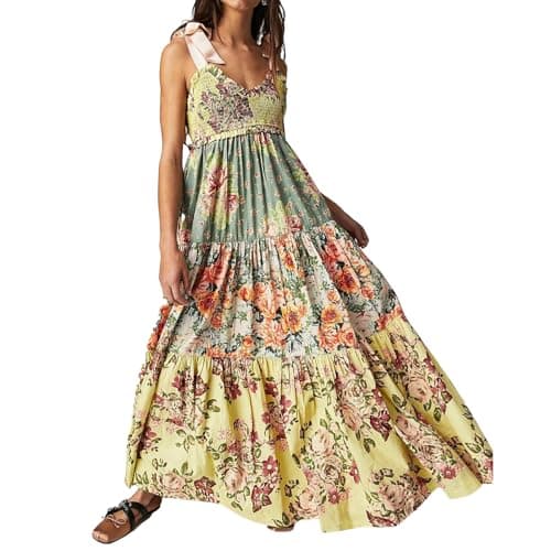 ABYOVRT Women Floral Maxi Dress Sleeveless Tie Shoulder Bohemian Flowy Smocked Dresses Casual Summer Sundress with Pockets(Yellow,S)