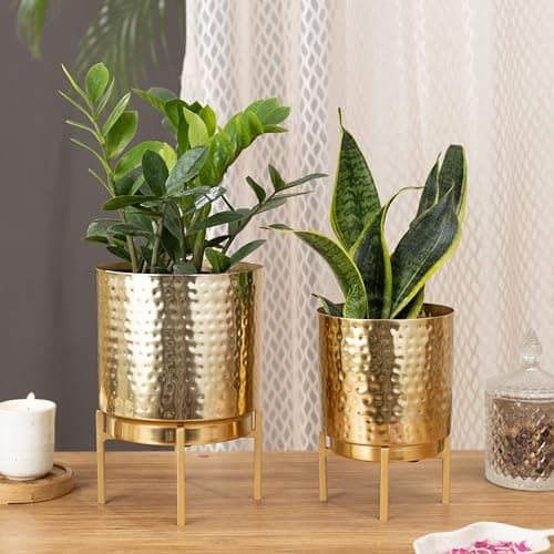 HomeShastra® Ember Gold Hammered Metal Planter Set with Stand | 10 Inch & 8 (Height) by 7 Inch & 6 Inch (Dia) | Planters for Living Room, Bedroom Dec (Pack of 2)