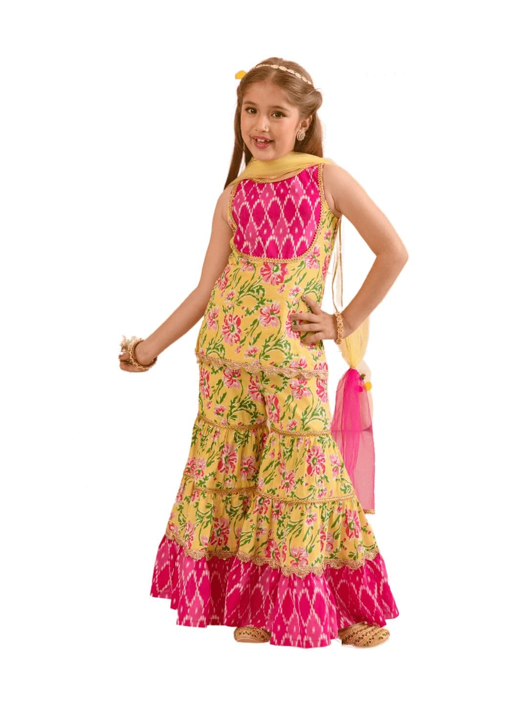 Pspeaches Girls Cotton Sleeveless Round Neck Floral Print Kurta And Sharara With Dupatta 3 Piece Set|Ethnic Wear For Kids Girls|Traditional & Festive Outfit 15-16 Year Yellow & Pink