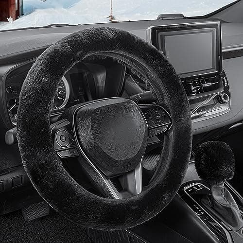 SEG Direct Furry Car Steering Wheel Cover with Fluffy Gear Shift Cover Soft Warm Non-Slip Car Decoration for Men Women Girls 2 PCS Set, Black