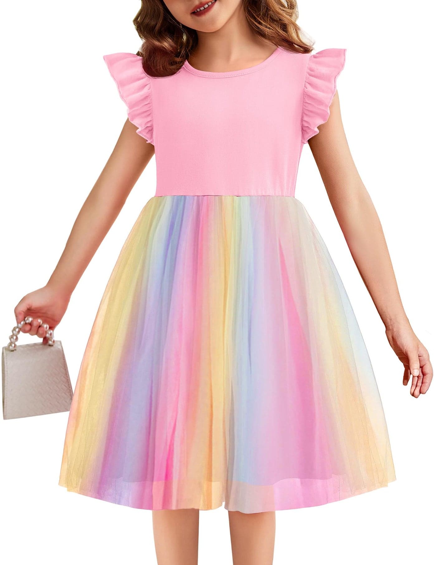 Flypigs Toddler Girls Tutu Dress Fluffy Casual Tulle Dresses Party Sundress for Kids 2-6Y Pink Rainbow