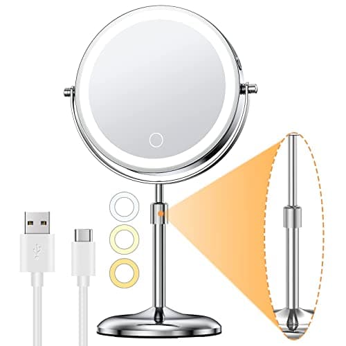 Gospire 7" Lighted Makeup Mirror with Magnification 10X/1X, Height Adjustable & 3 Color Dimmable Lights, 360° Swivel Double Sided Light up Rechargeable LED Cosmetic Vanity Cordless Standing Mirror