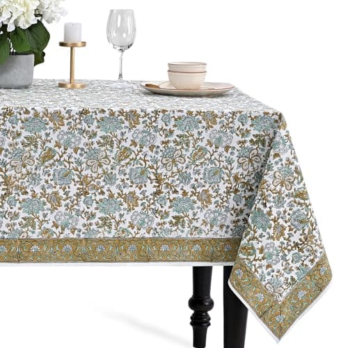 CPC Tablecloth 100% Cotton 70x108 Inch Indian Block Print Rectangle Table Cover, Blue Table Cloth for Weddings, Spring/Summer, Barbeque - Harvest Bloom