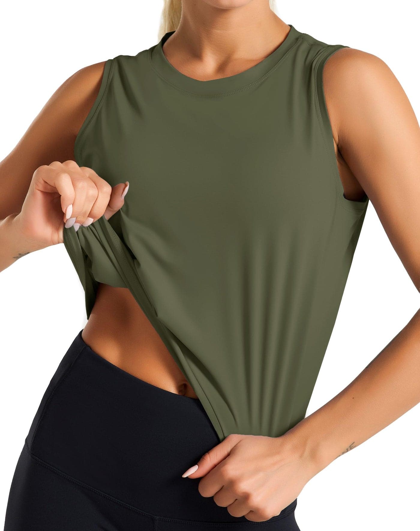 Dragon Fit Women Sleeveless Yoga Tops Workout Cool T-Shirt Running Short Tank Crop Tops (Olive Green, Large)