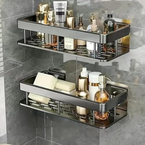 Hemu Aluminium Self Adhesive Bathroom Shelf for Wall Shelf Organizer Wall Mounted Bathroom Shelves Rack Holder Stand for Bathroom Accessories Organiser Without Drill (Black, Pack of 3)