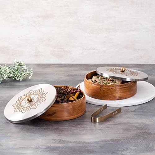 nestroots Wooden Casserole And Masala Box for Kitchen 9-Inch Spice Organizer with 7 Stainless Steel Jars Anjarai Petti, Masala Dani Box, Roti Box, Durable & Stylish Container | Silver