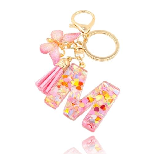 YINANLIN Initial Letter Keychain Cute Keychain Butterfly Pink Sequins Alphabet Resin Name Tassel Keychain for Mother's Gift (Pink-M)