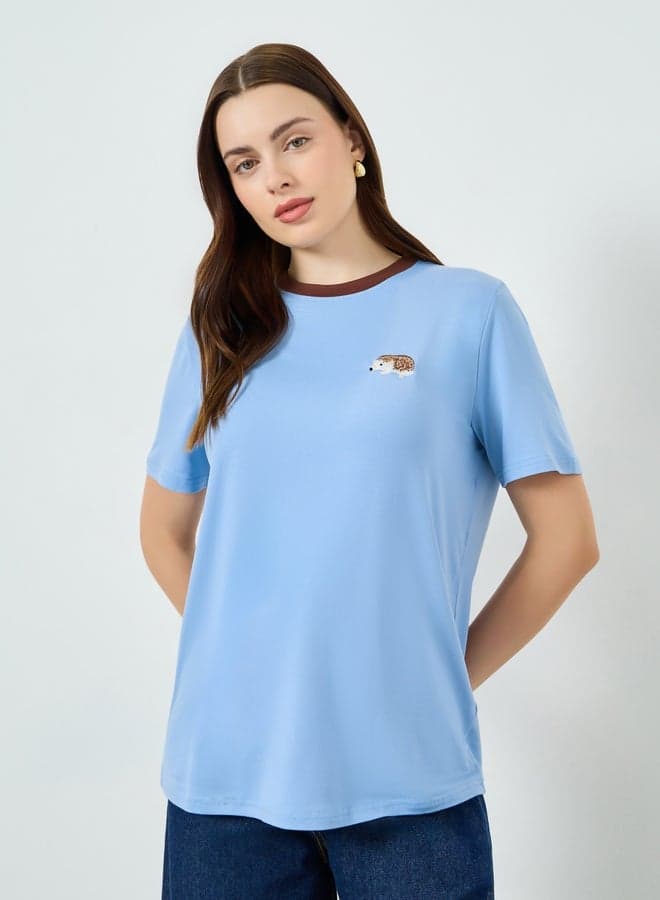 Women Blue Embroidered Short Sleeve T-Shirt