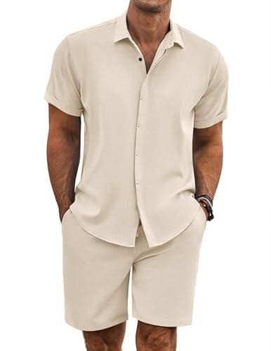 COOFANDY Men's Summer Beach Outfits 2 Piece Short Sleeve Shirts and Shorts Vacation Texture Linen Sets for Men,Beige,M