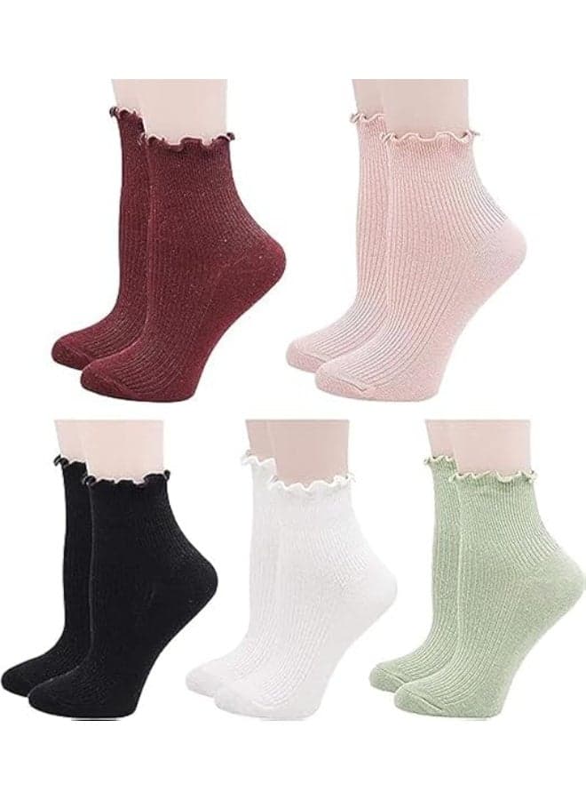 5 Pairs Ruffle Ankle Socks for Women, Cotton Frilly Lettuce Edge Crew Socks, Breathable Cute Low Cut Socks for Casual Wear, Office or Gifts