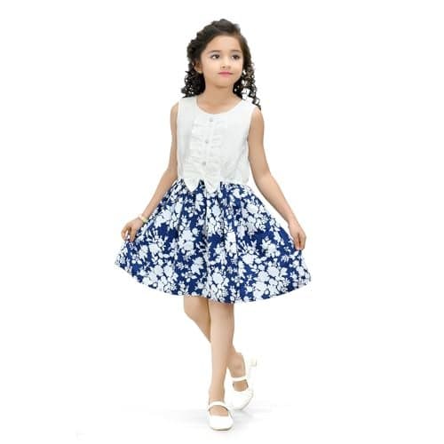 Doodle Floral Dress for Girls | Breathable Kids Frock & Dresses | Western Frocks with Elastic Waist & Sleeveless | Knee Length Kids Wear For Girls | Skin Friendly Navy & Pink Colour | Age 3 to 9 Years
