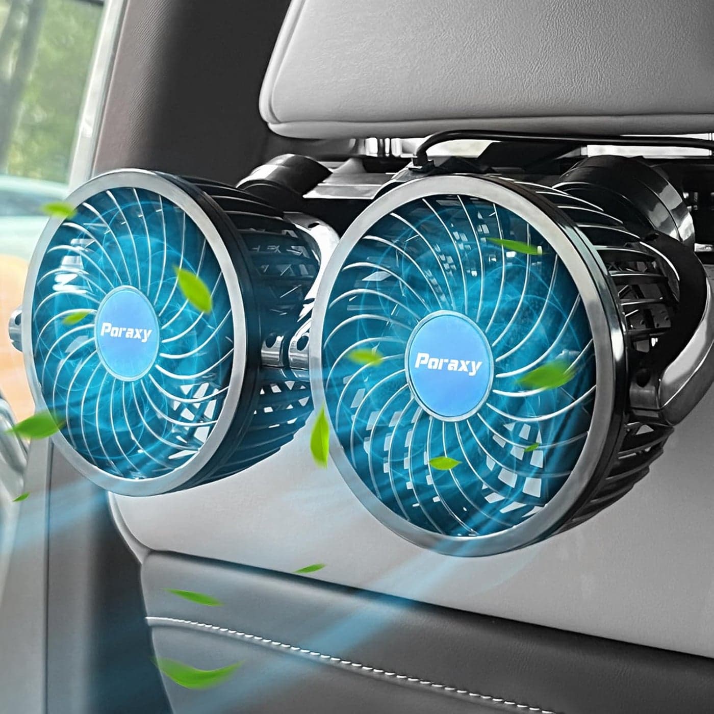 Poraxy Car Fan, 12V Cooling Fans for Backseat for Kids, Headrest 360 Degree Rotatable Dual Head Back Seat Fan Stepless Speed Vehicles Rear Seat Air Fan for Sedan SUV RV