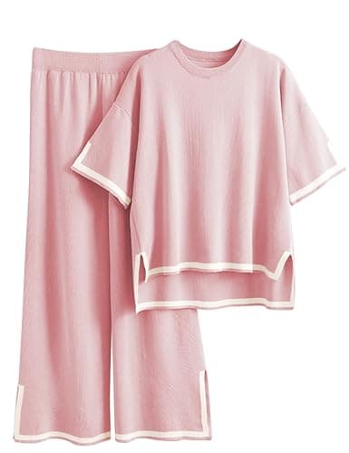 Tanming Sweater Sets Women 2 Piece Lounge Sets Short Sleeve Knit Pullover Tops Wide Leg Pants (Pink-M)