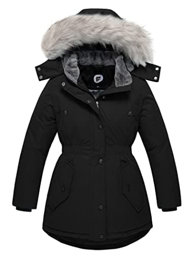 FARVALUE Girls' Long Winter Coats Warm Parka Lined Puffer Jacket Thicken Fleece Hooded Coat with Fur Collar for Girls Black 8