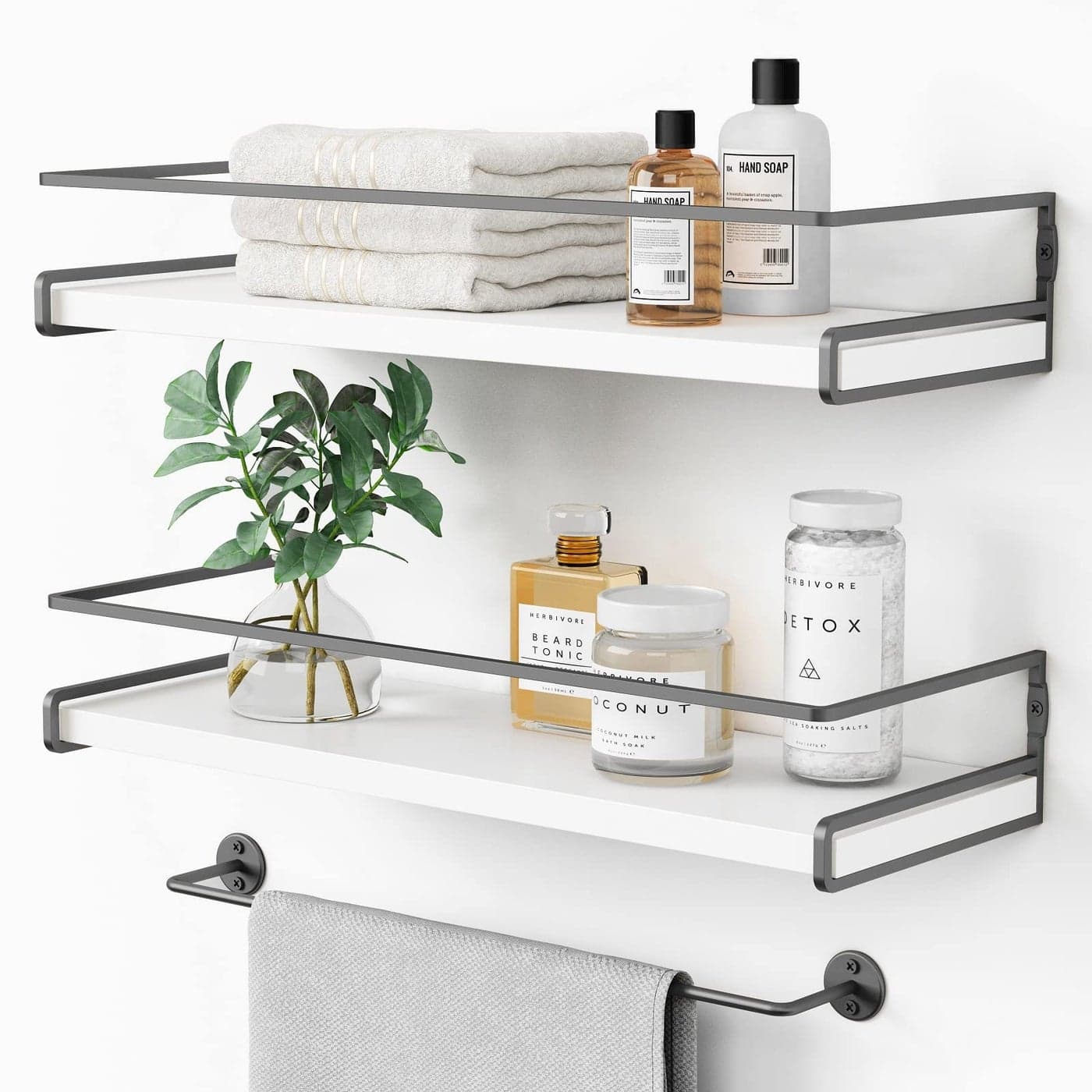 Forbena White Floating Shelves for Bathroom Organizer Over Toilet Bathroom Shelves Wall Mounted with Towel Rack Corner Wall Shelf for Bedroom Decor Kitchen Storage WhiteDark Grey Set of 2