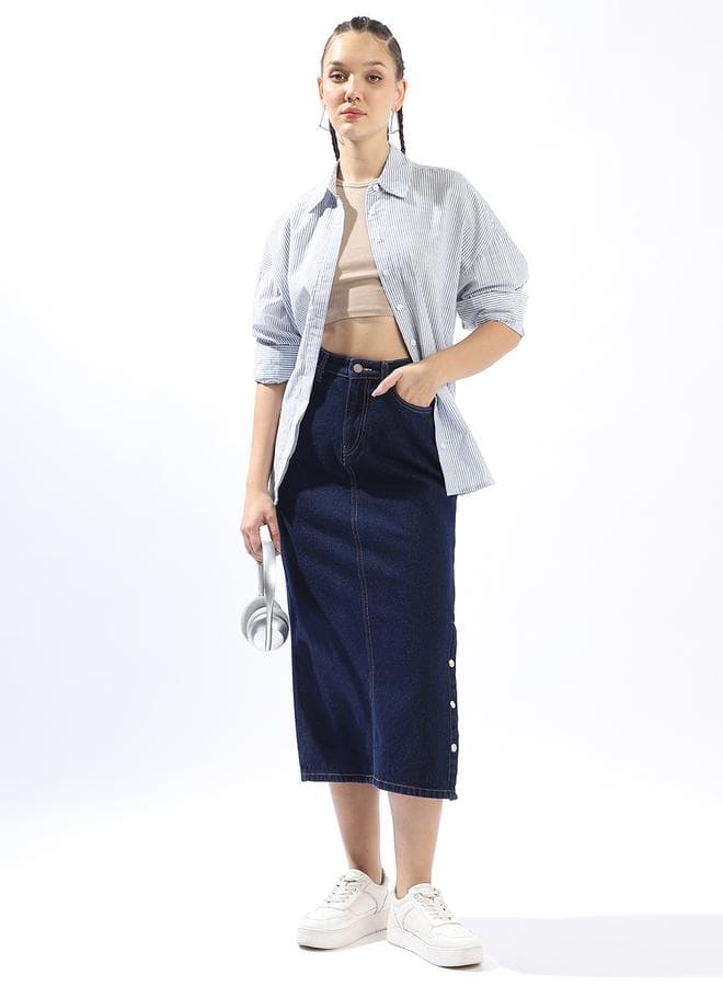 Pure Cotton Straight Midi Denim Side Slit Skirts