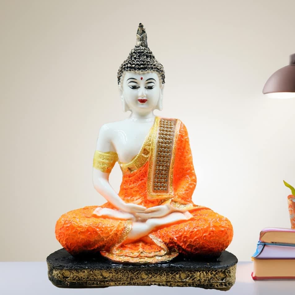 JAIPUR ACE Meditating Buddha Polyresin Idol Showpiece Perfect for Living Room Bedroom and Office Space Home Decor Staircase Wall Decoration Ideal Gifting White Orange Sitting Buddha