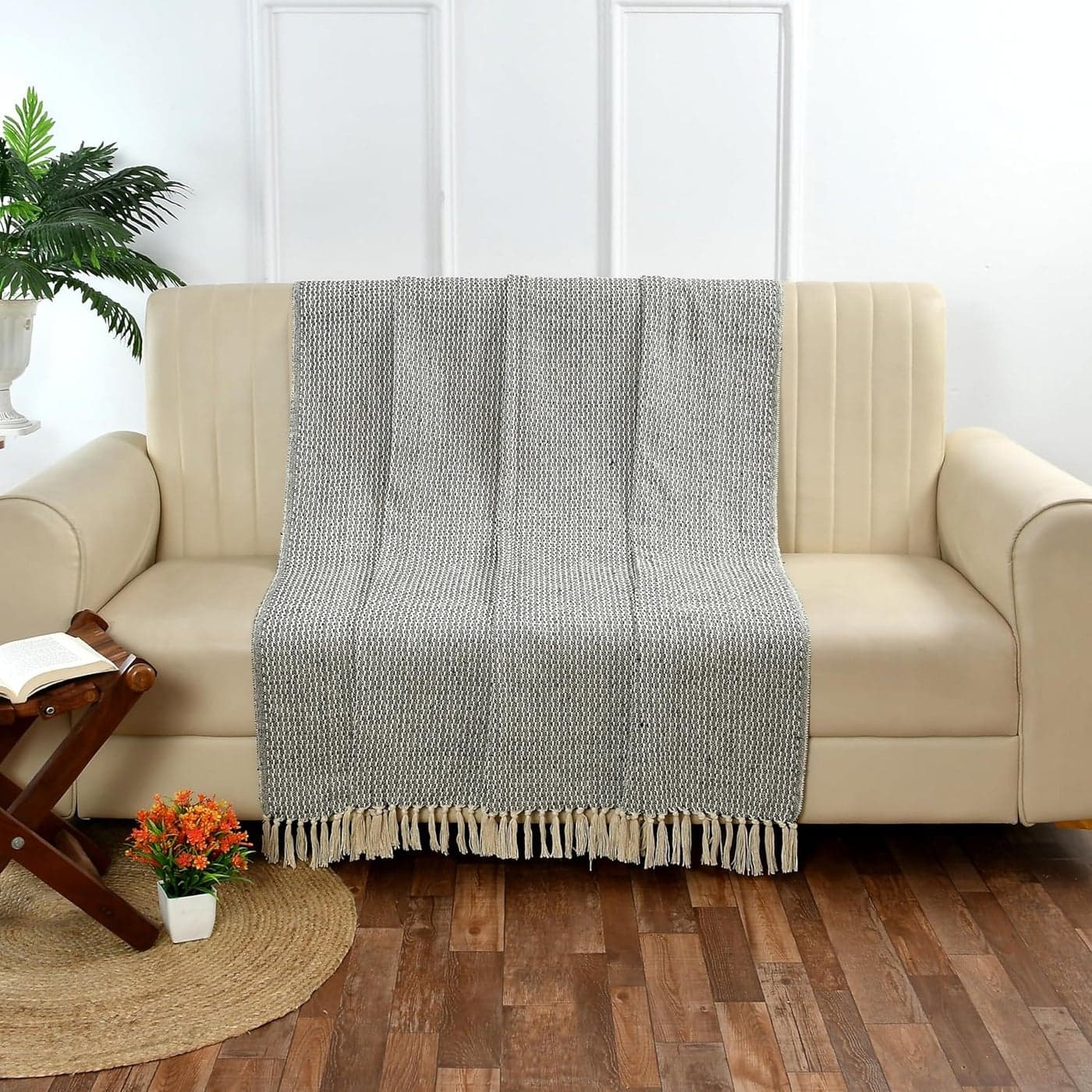 Furnofy 100 Cotton Sofa Throw Handmade Throw 50x60 Inches Cream Black