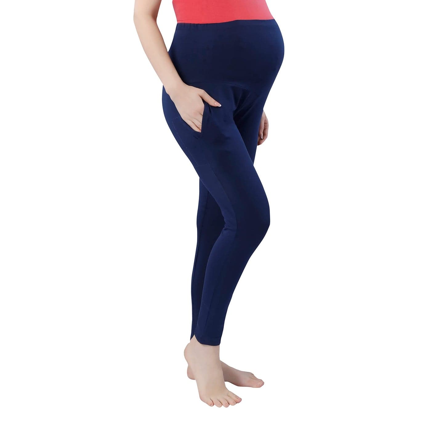 TRASA Women's Maternity Cotton Workout Leggings Over The Belly Pregnancy Yoga Pant with Pockets Soft Activewear Work Pants, Colour - Navy Blue, Size - 3XL