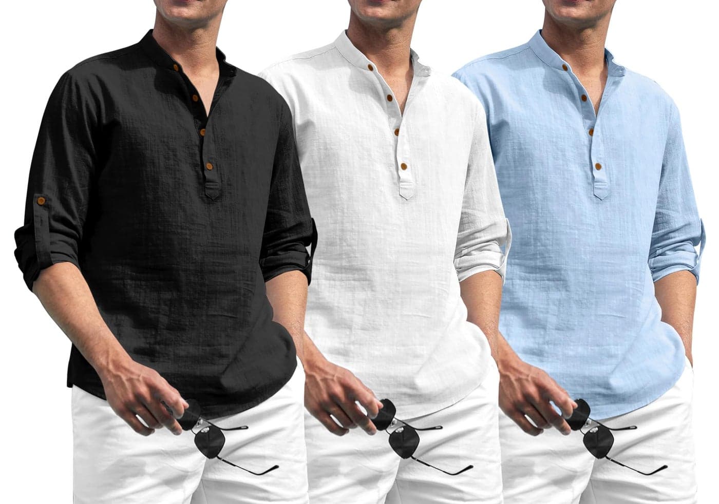Zombom Combo of Men's Solid Cotton Polyester Blend Full Sleeve Mandarin/Chinese Collor Straight Kurta Shirt (Pack of 3)