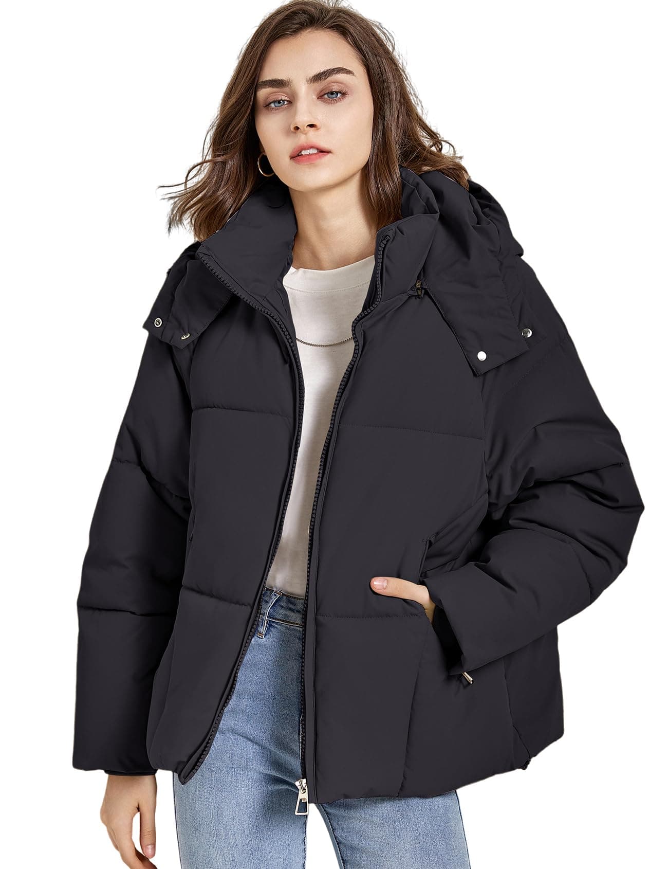 Gihuo Womens Puffer Jacket Winter Warm Coats Hooded Quilted Jackets with Removable Hood(Black-L)