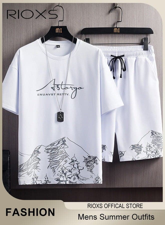 Mens 2 Piece Set Summer Outfits-Trendy Printed City Sketch T-shirt & Elastic Waist Downstring Shorts,Fashion Casual T-shirt And Shorts Sets,Great For Teens Men Daily Wear