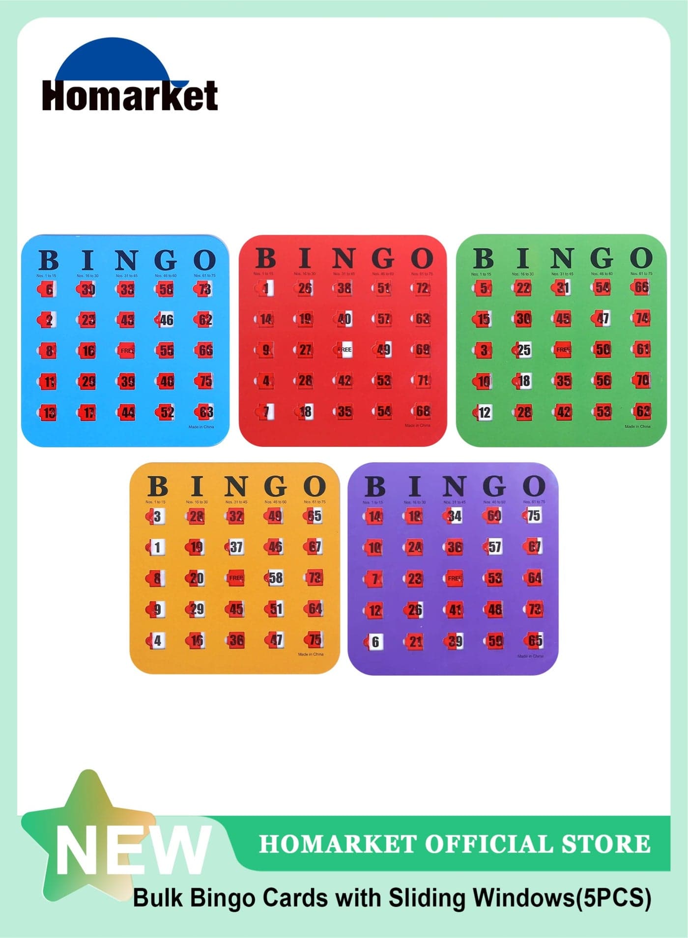Shutter Slide Bingo Cards - 5 Pack Multi Color Extra Thick Stitched, Easy Read with Finger-Tip Sliding Windows