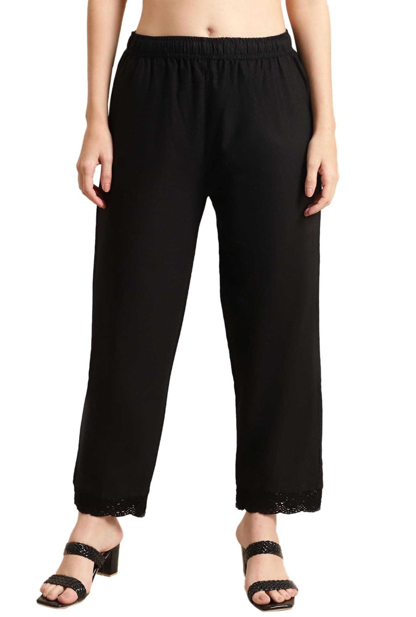 Pistaa's Women's Regular Fit Mid Rise Black Palazzo 32