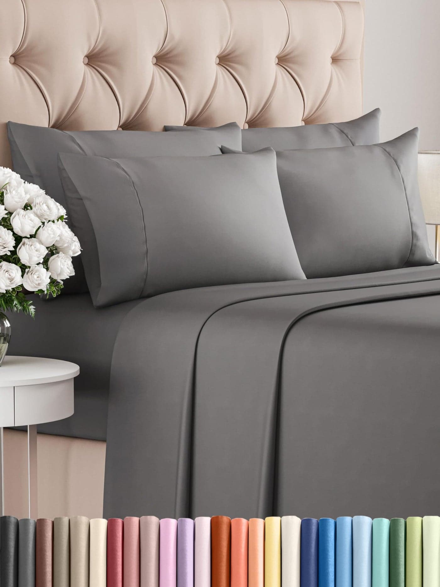 King Sheets Set 6 Piece - Includes 4 Pillowcases - Bed Sheets King Size - Soft Hotel Luxury Bedding - Cooling, Comfy, Cozy & Breathable - 1 Flat & 1 Fitted & 4 Pillowcases w/ Deep Pockets - Dark Grey
