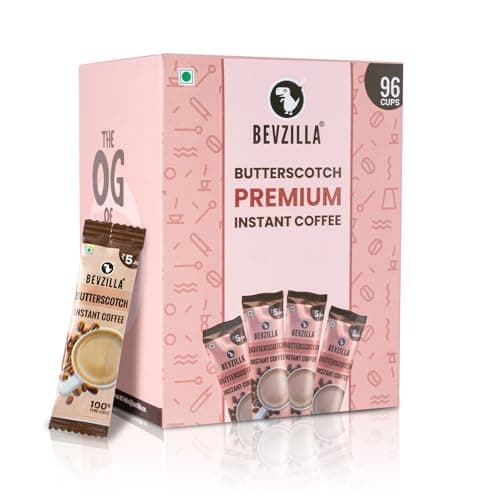 Bevzilla 96 Instant Coffee Powder Sachets (Butterscotch) - 192 Grams| Hot & Cold Coffee| Makes 96 Cups| Arabica Coffee| Best For Espresso, Latte, Cappuccino