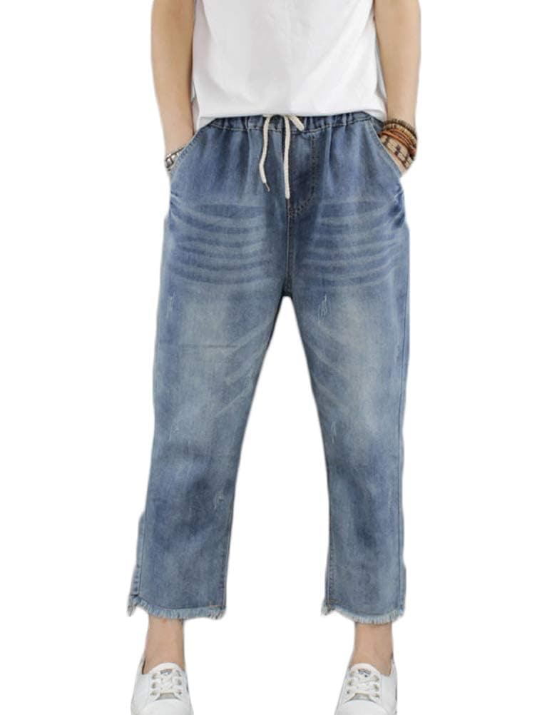 FTCayanz Women's Elastic Waist Cropped Jeans Baggy Drawstring Stretch Denim Pants with Pockets Style 2 XXL