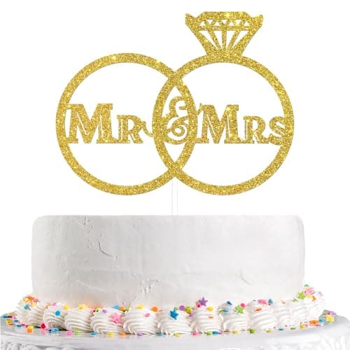 Gold Diamond Ring Mr and Mrs Cake Topper for Wedding, Bride to Be, Groom Bridal Shower Party Decoration (Acrylic)