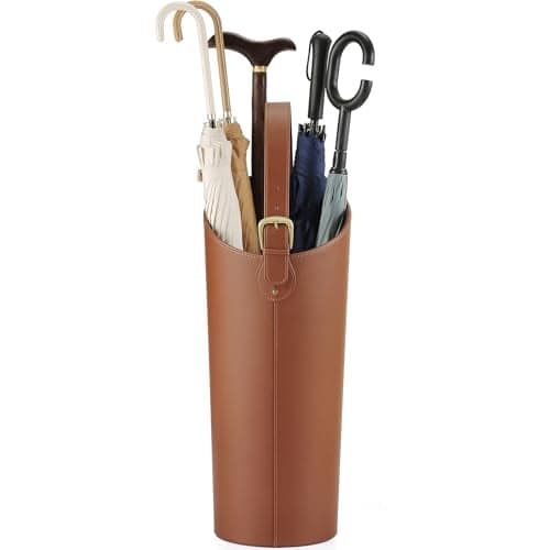 ELPMD Brown Artificial Leather Tall Umbrella Holer Entryway Indoor for Business Office,22.4 Inch Umbrella Stand Entryway with Removable Water Tray 2 Hooks