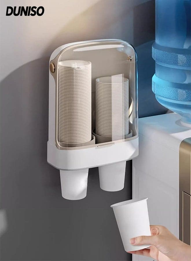 Disposable Wall-Mounted Paper Cup Dispenser, Double Tube Design can Hold 80 Paper Cups ,Cups Organizer shelf for Home and Office 19.3*10.3*24.5cm (White)