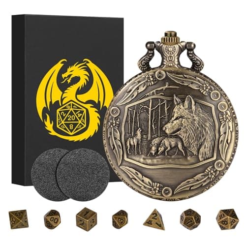 Mini DND Dice Set with Steampunk Wolf Pocket Watch Shell Case 7pcs Polyhedral Metal DD Dice DND Gifts with Gift Box Role Playing Board Games Accessories