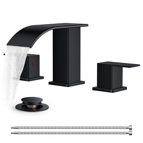 FORIOUS Square Matte Black Bathroom Faucets 3 Hole, Waterfall 8 Inch Widespread Bathroom Sink Faucet with Metal Pop-up Drain and Supply Lines, Two Handles for Vanity, RV, Farmhouse