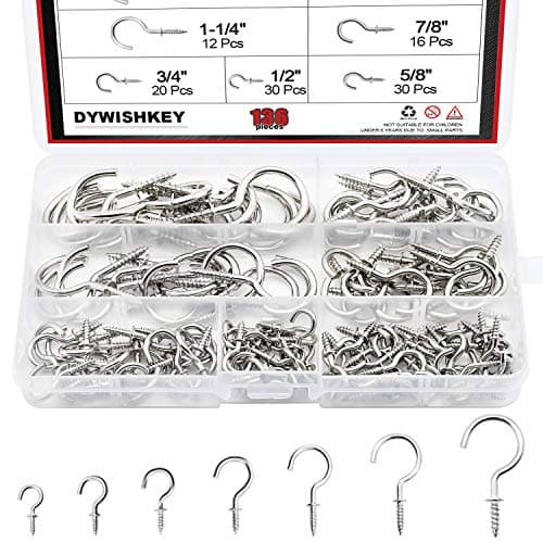 DYWISHKEY 136PCS Nickel Plated Screw-in Cup Hooks Kit - 7 Sizes for Home, Office and Workplace (1/2", 5/8", 3/4", 7/8", 1", 1-1/4", 1-1/2")