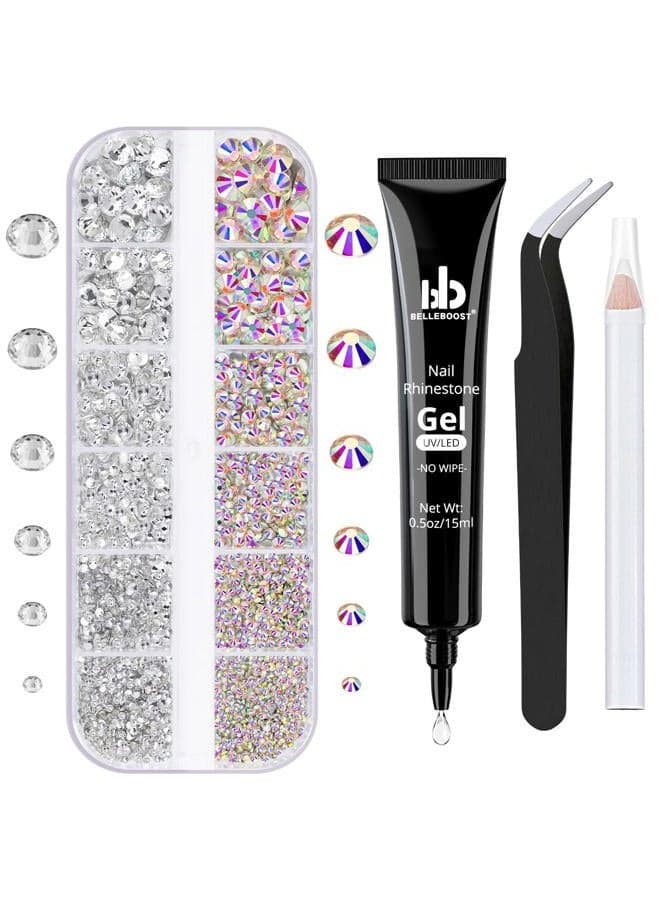 Nail Art Rhinestone Glue Gel&Flatback Gems Accessories Kit, 1 Tube of 15ml Rhinestone Gel Glue(UV/LED Needed)+1 Box of Flat-back Round Glass Crystal AB&Clear Gemstones with Pickup Pencil And Tweezer