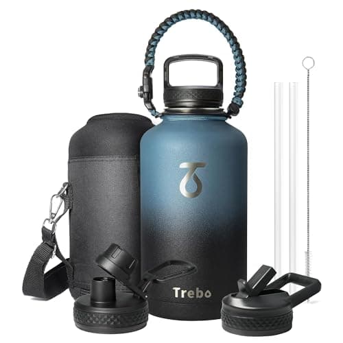 Trebo Water Bottle 64oz with Paracord Handle Half Gallon Large Vacuum Double Wall Stainless Steel Insulated Water Jug with Holder Strap Straw Spout Lids Leakproof Keep Cold Hot IndigoBlack