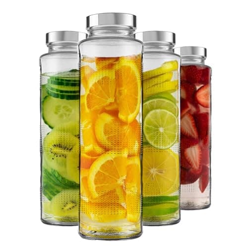 MEDALLIX Glass Water Bottles, Leak-Proof Airtight Stainless Steel Lids, Reusable BPA-Free Glass Bottles for Water, Juice, Smoothies, Milk, Fridge Storage Bottles for Home & Travel (750ml – Set of 3)