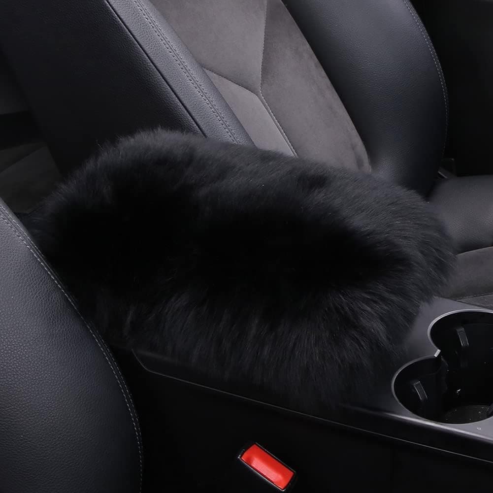LLB Auto Center Console Cover Pad - Genuine Sheepskin Wool Fur Armrest Cover for SUV/Truck/Car (Black)