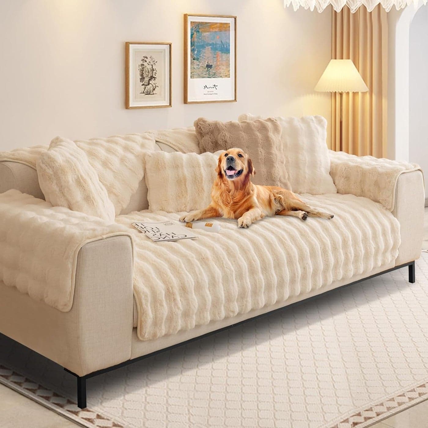 SHANNA Thick Rabbit Plush Sofa Cover 1 2 3 Seater New Universal NonSlip Corner Sofa Cover L Shape Super Soft Faux Fur Sofa Slipcovers for Living RoomCream 70 150cm Seater Cover