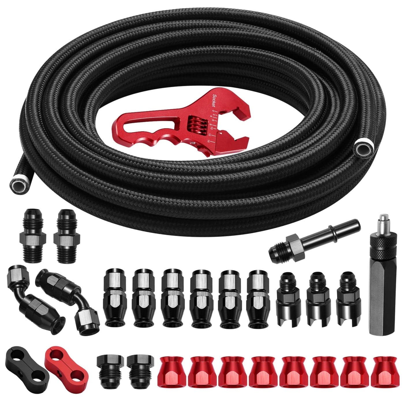 BRIFITOR 6AN 25FT PTFE Fuel Line Kit AN6 38 LS Swap EFI E85 Nylon Stainless Steel Braided Fuel Hose With 26PCS PTFE Fuel Hose End Fitting AN Fitting Wrench