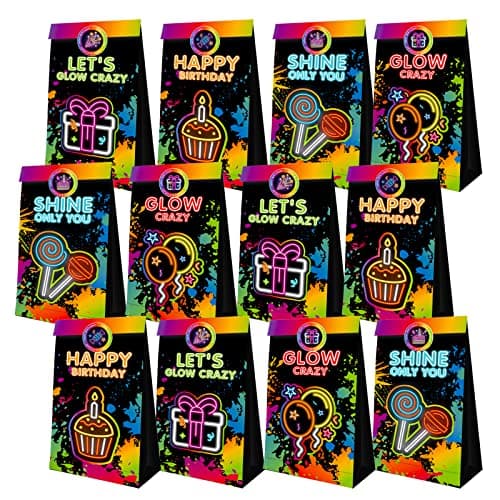 PERFQU 24 Pcs Glow in Dark Gift Bags Glow in The Dark Party Supplies Glow Party Favor Bag Neon Goodie Bags Paper Treat Candy Bag for Kids Birthday Party and Glows Neon Decorations
