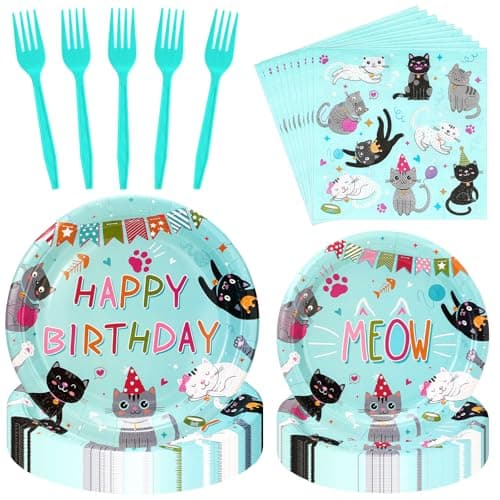 SiliFine 122 Pcs Cat Birthday Party Supplies Disposable Cat Themed Tableware Include 24 Dinner Plates 24 Dessert Plates 50 Paper Napkins 24 Forks Kitten Birthday Party Decoration for 24 Guests (Green)