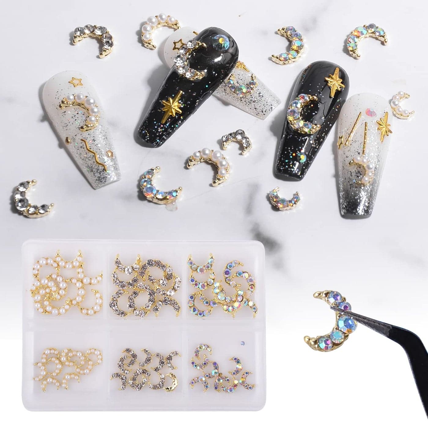 60 Pcs Moon Nail Charms Rhinestones 3D Shiny Moon Shape Metal Gems Jewels Stones Gold Rhinestones Charms Design for Nails Art Accessories DIY Decoration with Storage Box